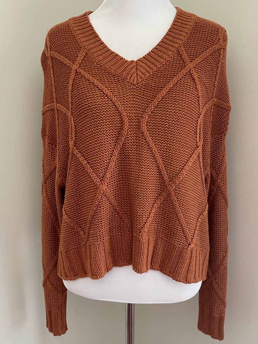 Harper Heritage XS Rust Brown Oversized Open Knit V Neck Sweater